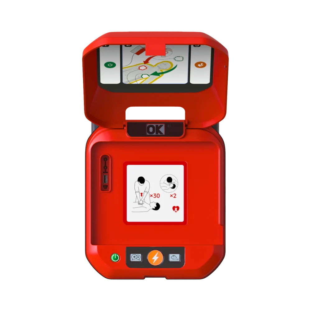 Primedic HeartSave Y Halbautomat mit CPR-Feedback und WiFi-Modul offen