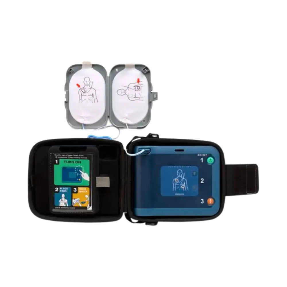 Philips HeartStart FRx Halbautomat mit Tasche und Kinderschlüssel Philips HeartStart FRx mit Tasche geöffnet